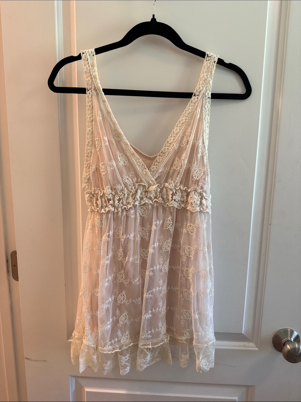 Beautiful Lace-Trim Sheer Chemise in Cream over a perfectly matched Express Tank